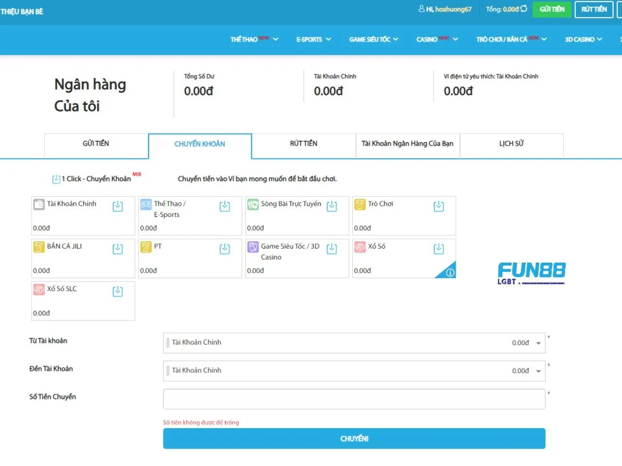 Chuyển quỹ Fun88 về tài khoản 