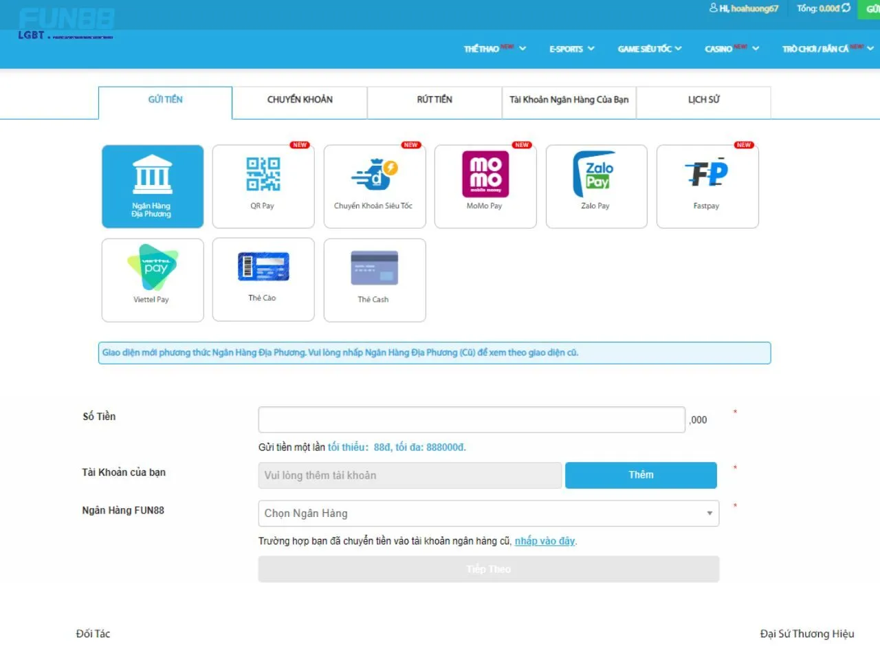 Nạp tiền Fun88 qua ngân hàng địa phương 